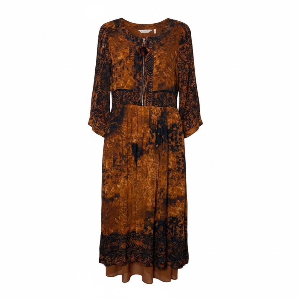 Soft Surroundings Rust Batik Midi Dress 3/4 Sleeve Tassel Zip Venetian boho Sz 4